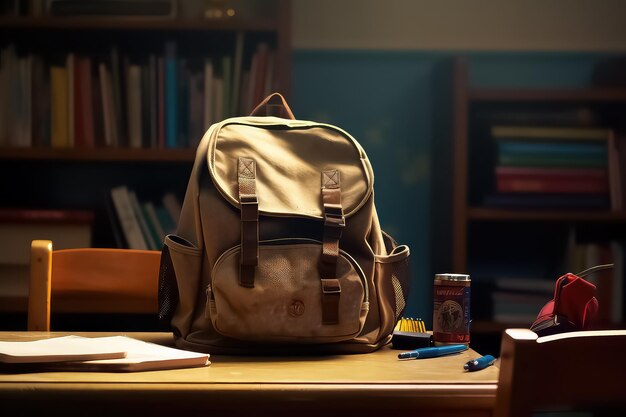 Bag with school supplies on a wooden table near a shelf with books