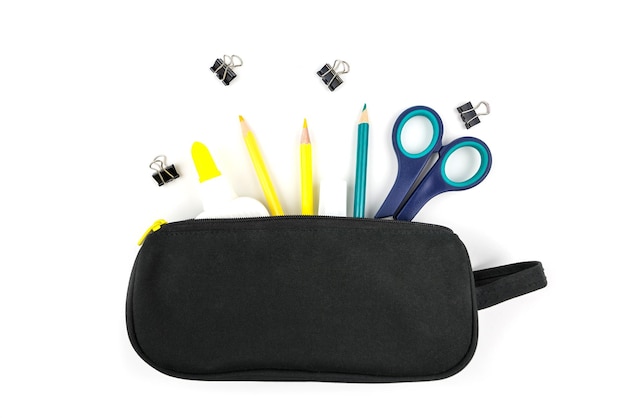 Bag with school tools on a white background