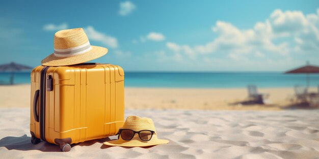 Foto bagage reis gele koffer met reisaccessoires zoals zonnebril hoed en camera op zee strand achtergrond