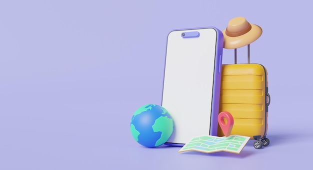 Bagage telefoon wereld icoon hoed en kaarten voor vakantie reis Online reizen Online reservering service app via telefoon Reisplanning Reizen rond de wereld Reizen en toerisme 3d render illustratie