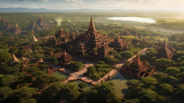 미얀마 바간의 고대 사원을 위에서 내려다보세요