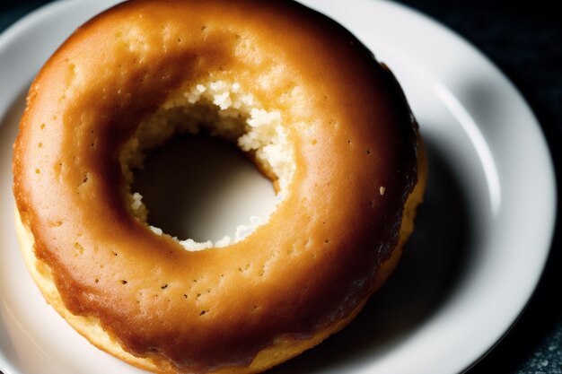 A bagel is on a plate with a hole in the center.