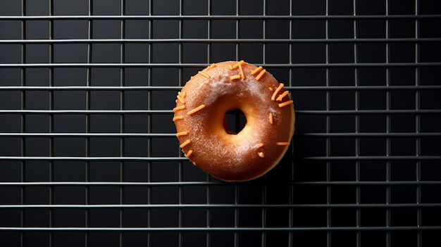 A bagel is on a wire rack with the word bagel on it.