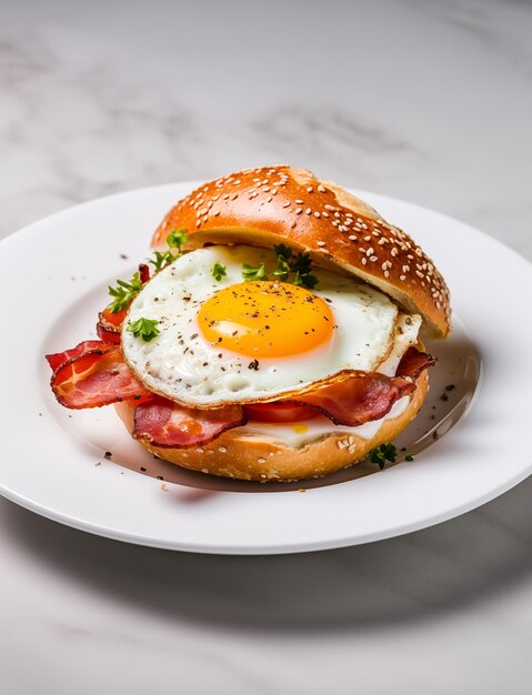 Bagel met spek en gebakken ei op de witte tafel voor het ontbijt.