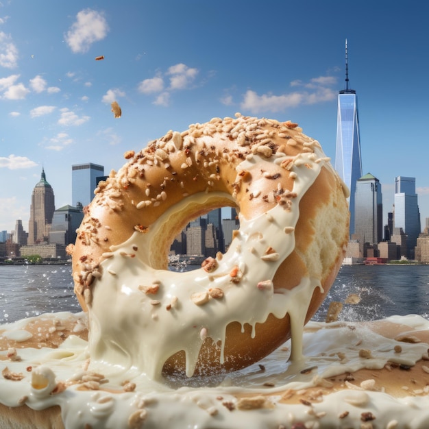 Bagel ondergedompeld in roomkaas met spatten en golven