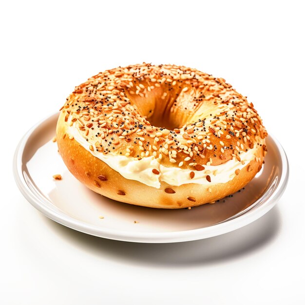 Bagel on a plate on isolated white background
