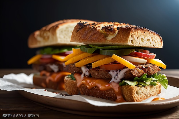 Foto un bagel sandwich con l'immagine di un pomodoro e formaggio.