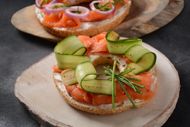 Bagel sandwich with salmon cream cheese cucumber