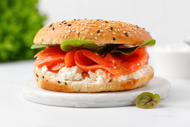 Bagel sandwich with salmon cream cheese and green leaves on marble board and white background Burger