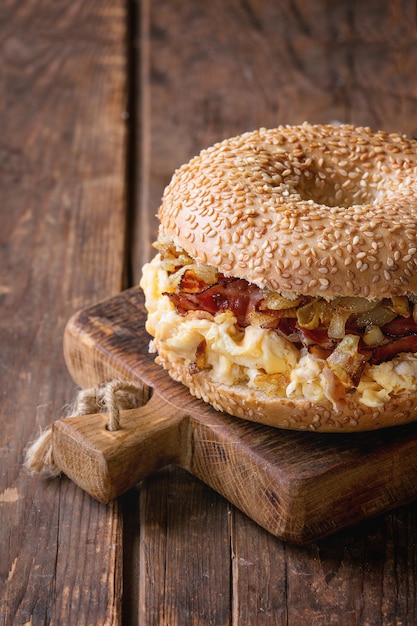 Bagel with bacon and scrambled eggs