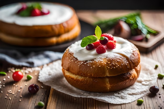 a bagel with berries on the top and a green leaf on the top.