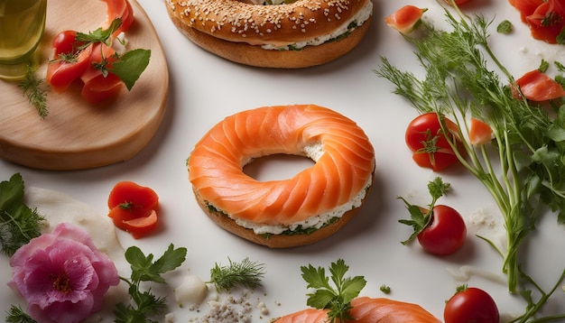 a bagel with bread and fresh vegetables on a table