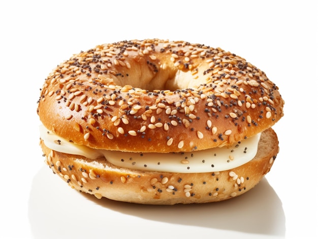 A bagel with cheese and cream cheese on it