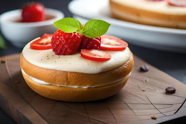 A bagel with cream cheese and raspberries on top