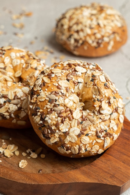 Bagel with multigrain seeds on top close up view