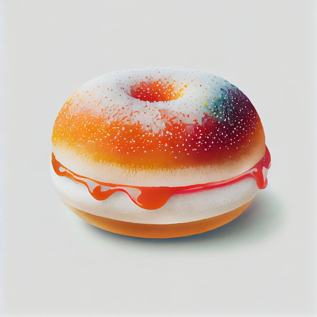 A bagel with orange white and blue icing is on white background