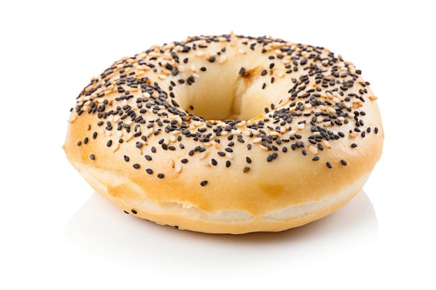 Bagel with poppy seeds on white background