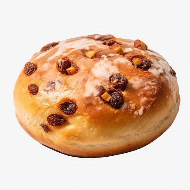 a bagel with raisins on it with a white background