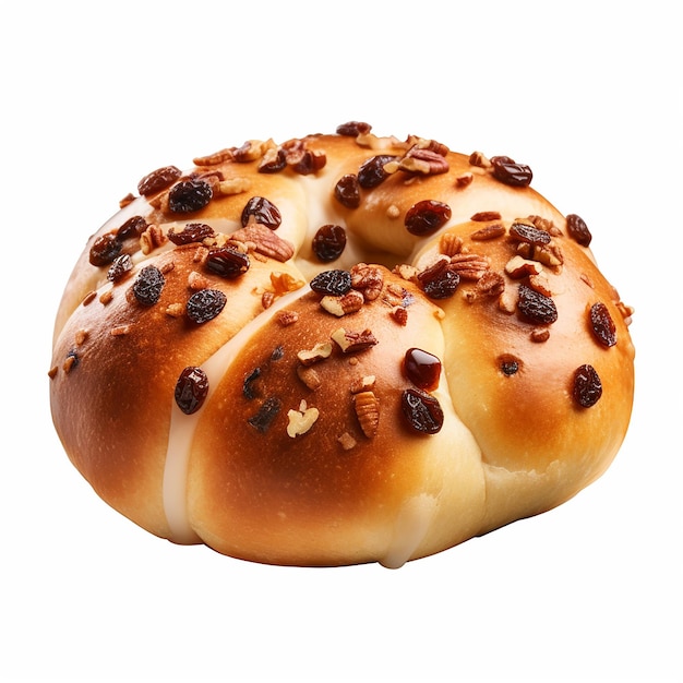 a bagel with raisins on it with a white background