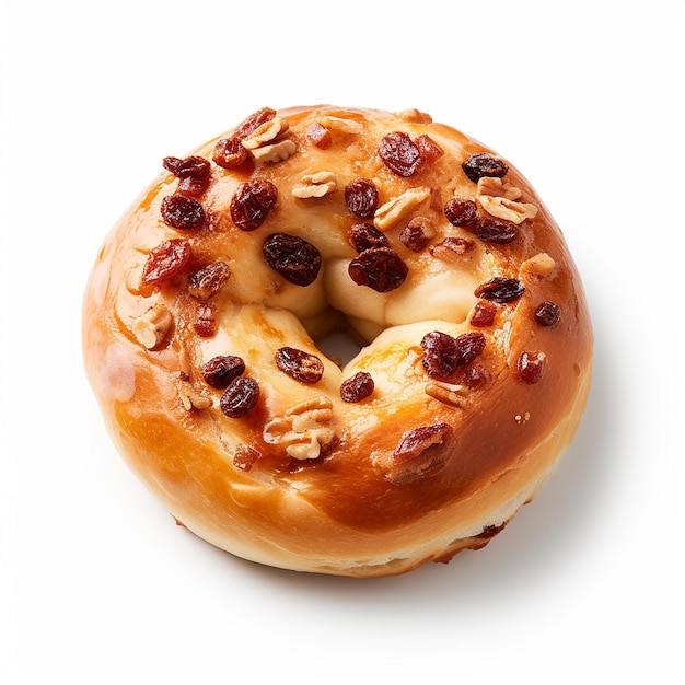 a bagel with raisins on it with a white background