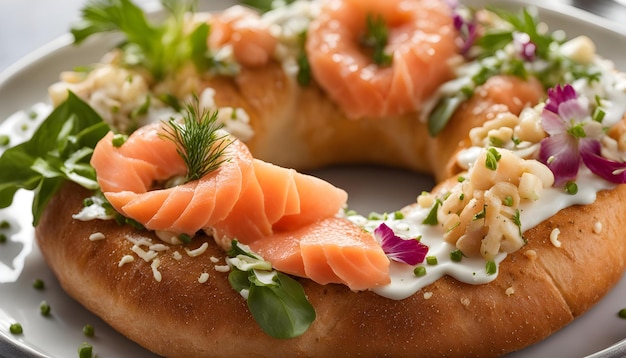 a bagel with salmon and cream cheese on it