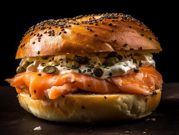 A bagel with salmon on it on a black background