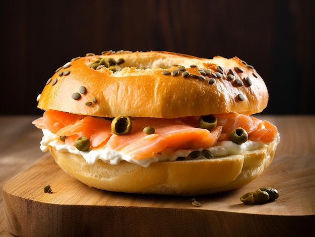 A bagel with salmon on it on a wooden board