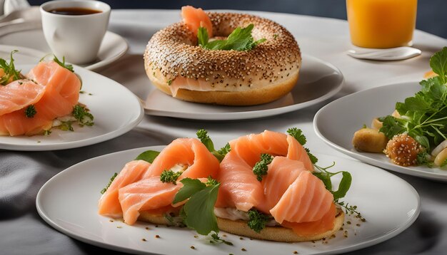 a bagel with salmon and lettuce on it