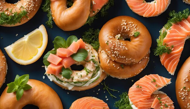 a bagel with salmon and salmon on it is displayed