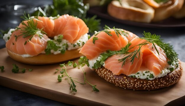 a bagel with sesame seeds and garnish on it sits on a wooden cutting board