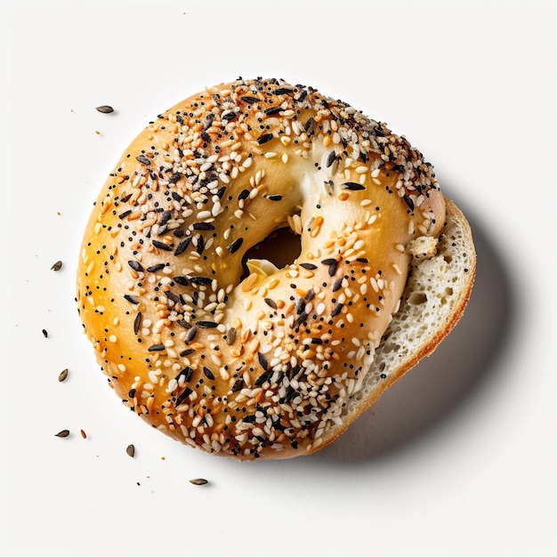 A bagel with sesame seeds on it and a few seeds on it.