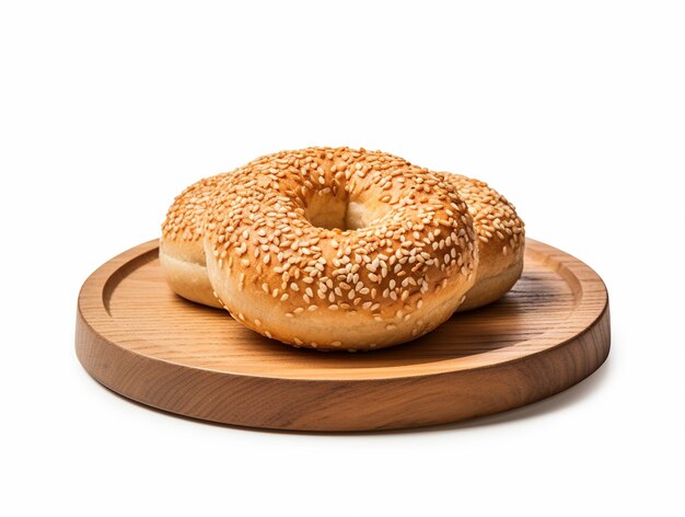 a bagel with sesame seeds on a wooden plate with a bagel on it.