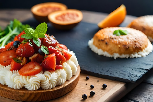 a bagel with strawberries and a bagel on the table