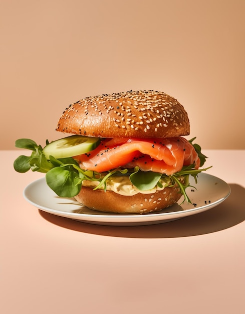 bagelbroodje met zalm op de beige achtergrond