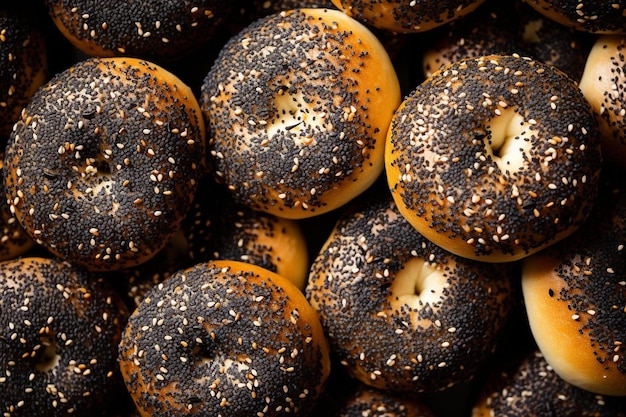 bagels are displayed at a market.