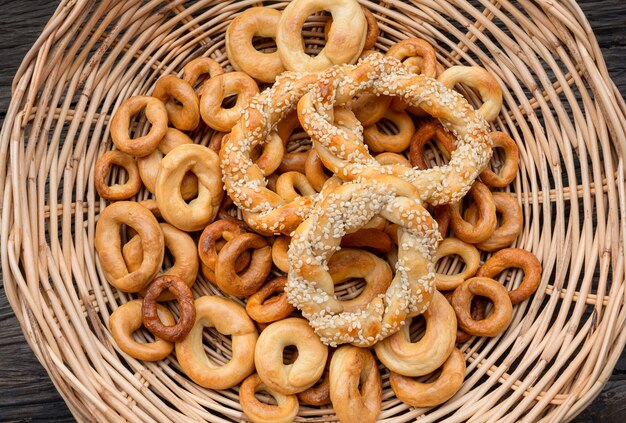 Bagels in the basket. delicious freshly prepared baked goods.