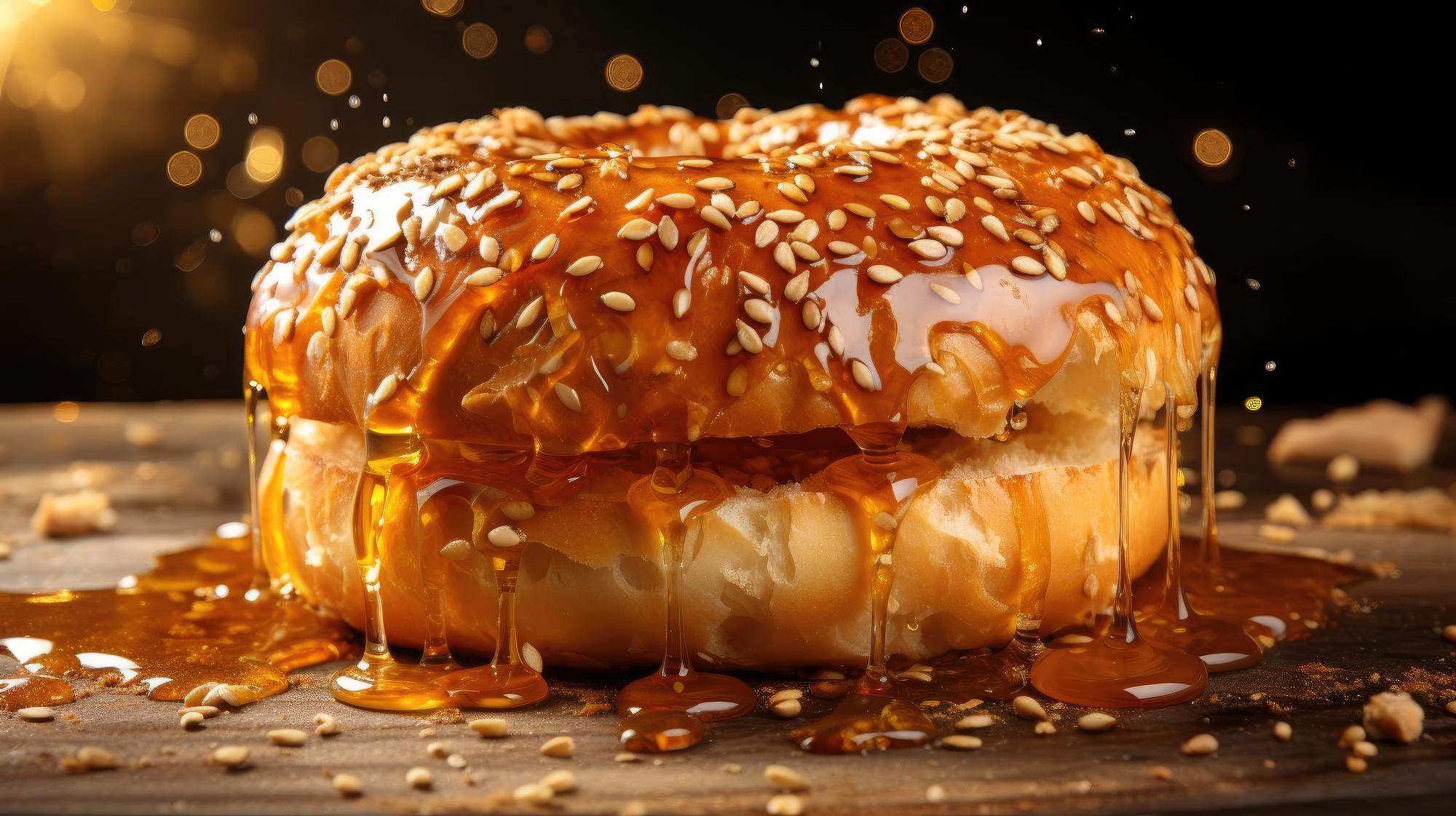 bagels bread with sprinkled sugar and sesame seeds on wooden table background blur