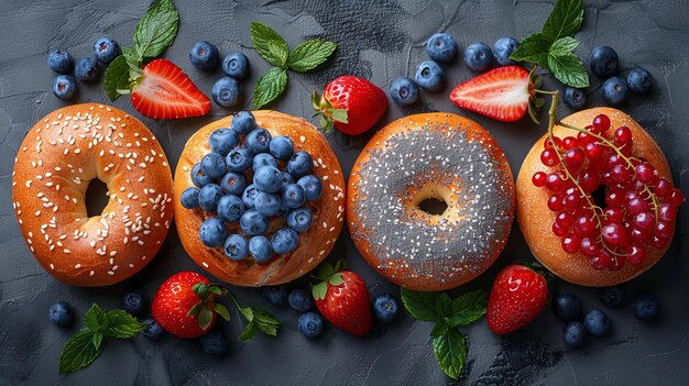 Bagels breads with fruits and toppings isolated on natural background display whole and side views lifestyle closeup view top flat lay