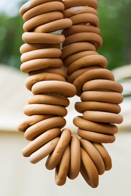 Bagels hanging on a rope