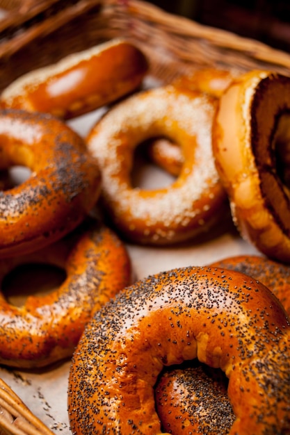 Bagels with sesame and poppy seeds Fresh bagel with poppy seed on sackcloth