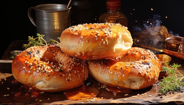 Photo bagels with sesame seeds on a wooden table