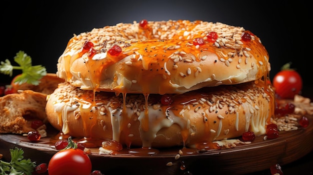 bagels with sesame sprinkles on wooden table with blurred background