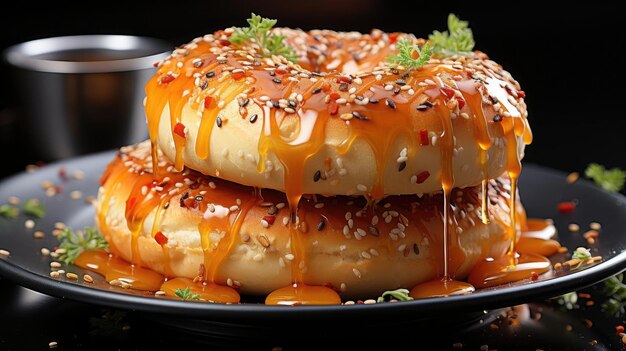 bagels with sesame sprinkles on wooden table with blurred background