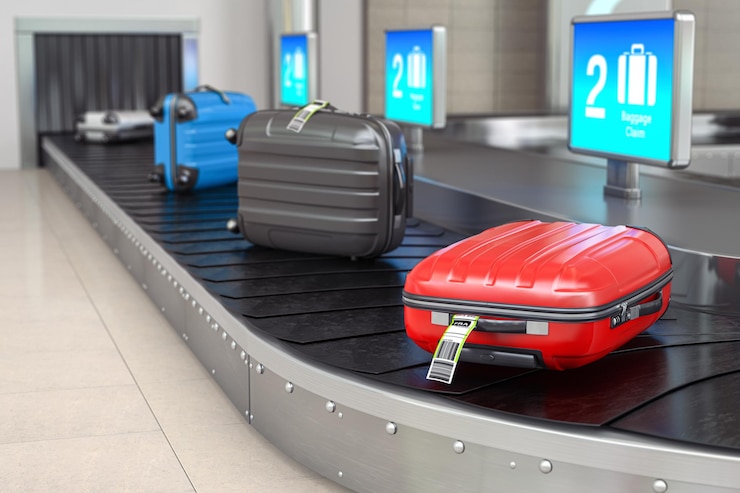Photo baggage claim in airport terminal suitcases on the airport luggage conveyor belt