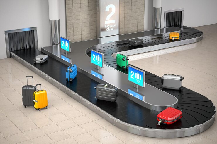 Photo baggage claim in airport terminal suitcases on the airport luggage conveyor belt
