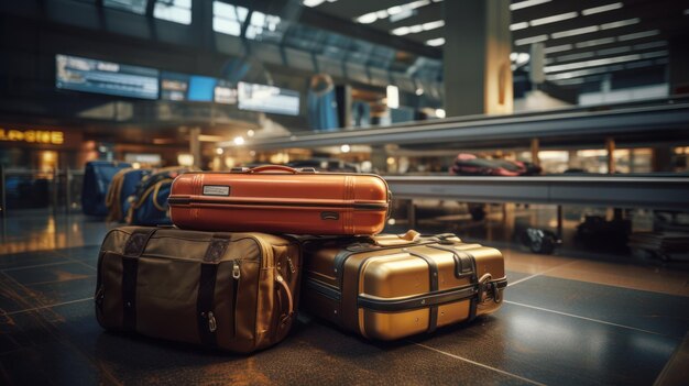 Baggage and suitcases on an airport terminal conveyor belt