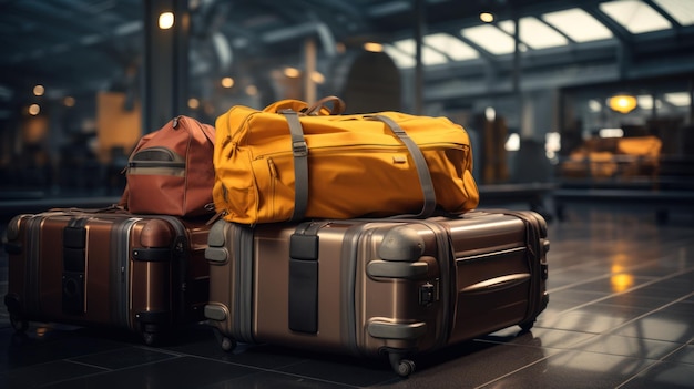 Baggage and suitcases on an airport terminal conveyor belt