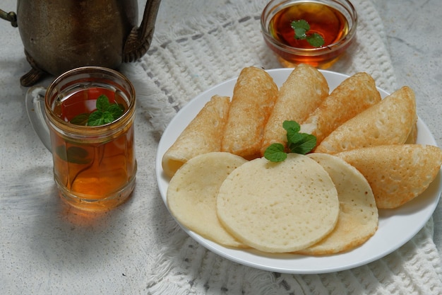 baghrir Moroccan pancakes Arabic pancakes served with honey and mint tea