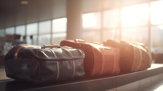 Bags at the airport or train station closeup against the background of windows empty space space