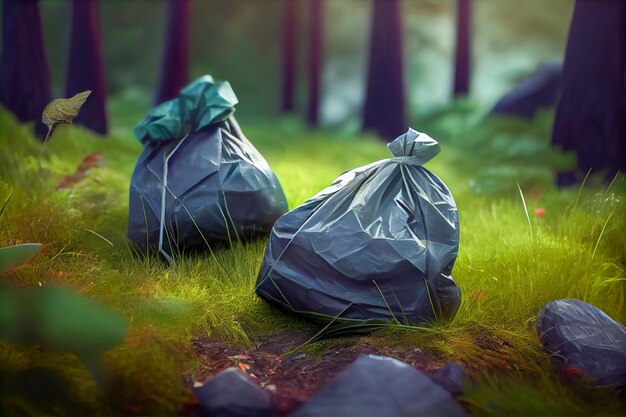 Bags of garbage are lying on the grass Generative AI Generative AI